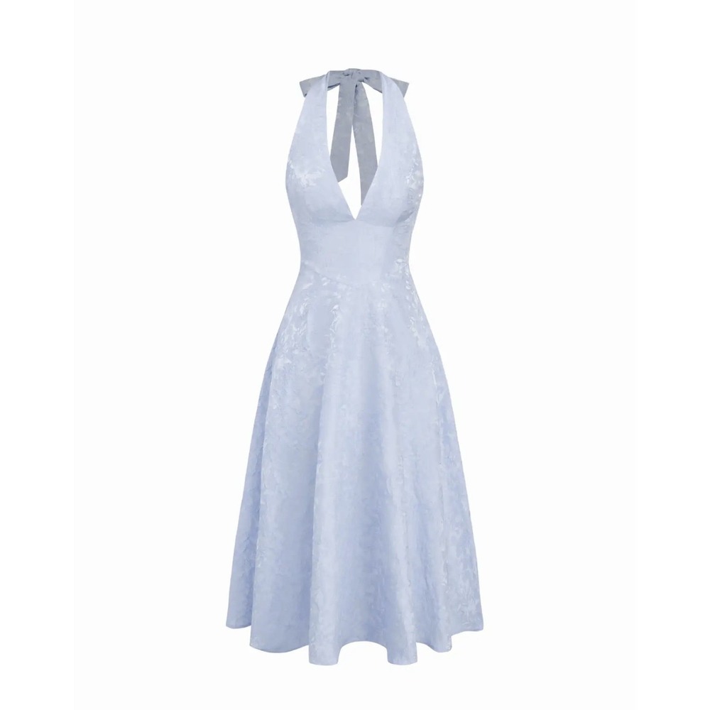 Cider Dress Womens L Baby Blue Jacquard Halter Midi Fit & Flare Bow Back Formal